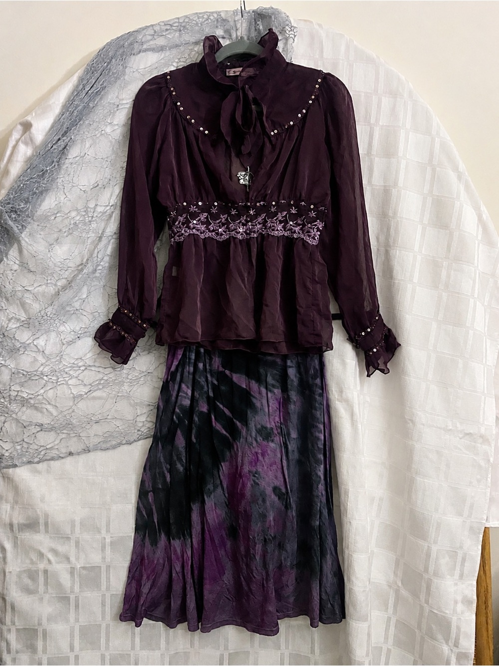 Young Essence Purple Sheer Blouse with Tie-Neck